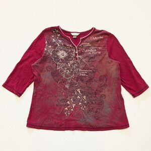 Vintage Y2K Christopher & Banks Paris Floral Rhinestone Top Sz XL Fairy Grunge